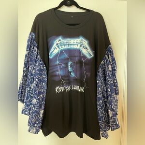 One of a Kind Reworked Vintage Graphic Metallica Top with Blue Floral Sleeves